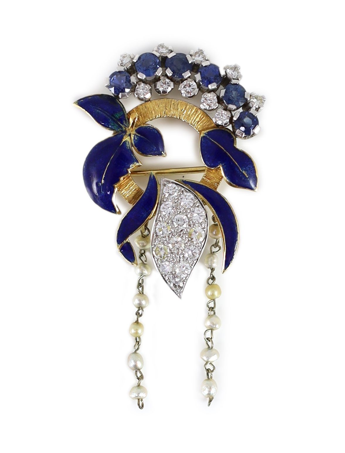 A 20th century textured gold, blue enamel, sapphire, diamond and twin seed pearl tassel set drop brooch
